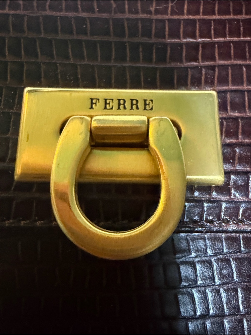 Gianfranco Ferre Dark Brown Croc-Embossed Top-Handle Satchel with Gold Hardware - Picture 10 of 10